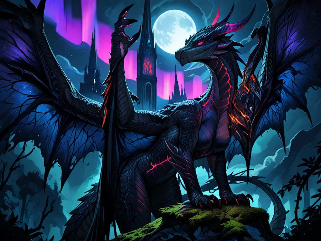 
Create a large, winged, majestic, and ancient black and purple dragon, in an enchanted forest in the twilight of the night