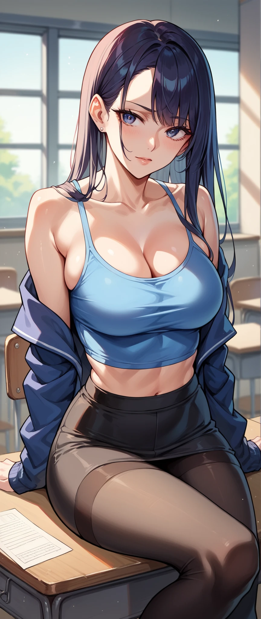 ((High Resolution)), ((Lighting and Color)), ((masterpiece)), ((Focus and Clarity)), ((Sharpness Settings)), ((sexy)), ((Exposure Correction)), ((bikini))A stunning woman with long, flowing white hair and striking blue eyes stands elegantly in a school setting. She is dressed in a stylish yet sophisticated outfit, perhaps a tailored blazer and skirt or a chic blouse and trousers. The school environment around her features modern classrooms with large windows, neatly arranged desks, and educational posters on the walls. Her confident and serene expression adds to her presence, while her bright blue eyes draw attention against her white hair. The setting exudes a blend of academic professionalism and subtle elegance, highlighting her unique and captivating beauty