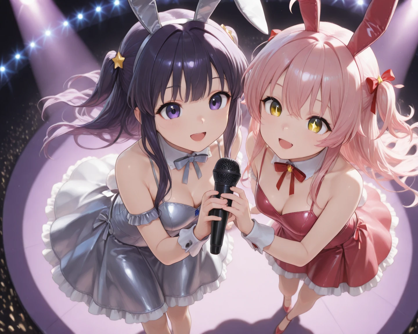((masterpiece、Highest quality、Official Art))、snap shot、Idol Concert、Concert Stage、(3人のcute naked girls、、smile、sing、dance、Ribbon headband、Ultra mini skirt:1.2、Idol Costumes:1.3 )、Exposing the breasts、Hair of different colorr.々Hair style、(((Full nudity、Pussy、cute)))、(Sweat a lot、Glowing Skin)、Anime key visual, ((The characters are unique))