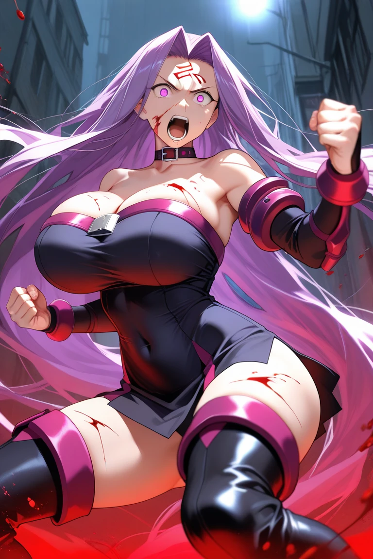 masterpiece, best quality, highres, 1girl, solo, long hair, high ponytail, blue hair, purple eyes, large breasts, collarbone, cleavage, leotard, detached sleeves, navel cutout, garter straps, <lora:amazon_pandora_v1:0.7>, ruins, night, blood on clothes, (blood:1.3), evil grin, walking, cowboy shot,