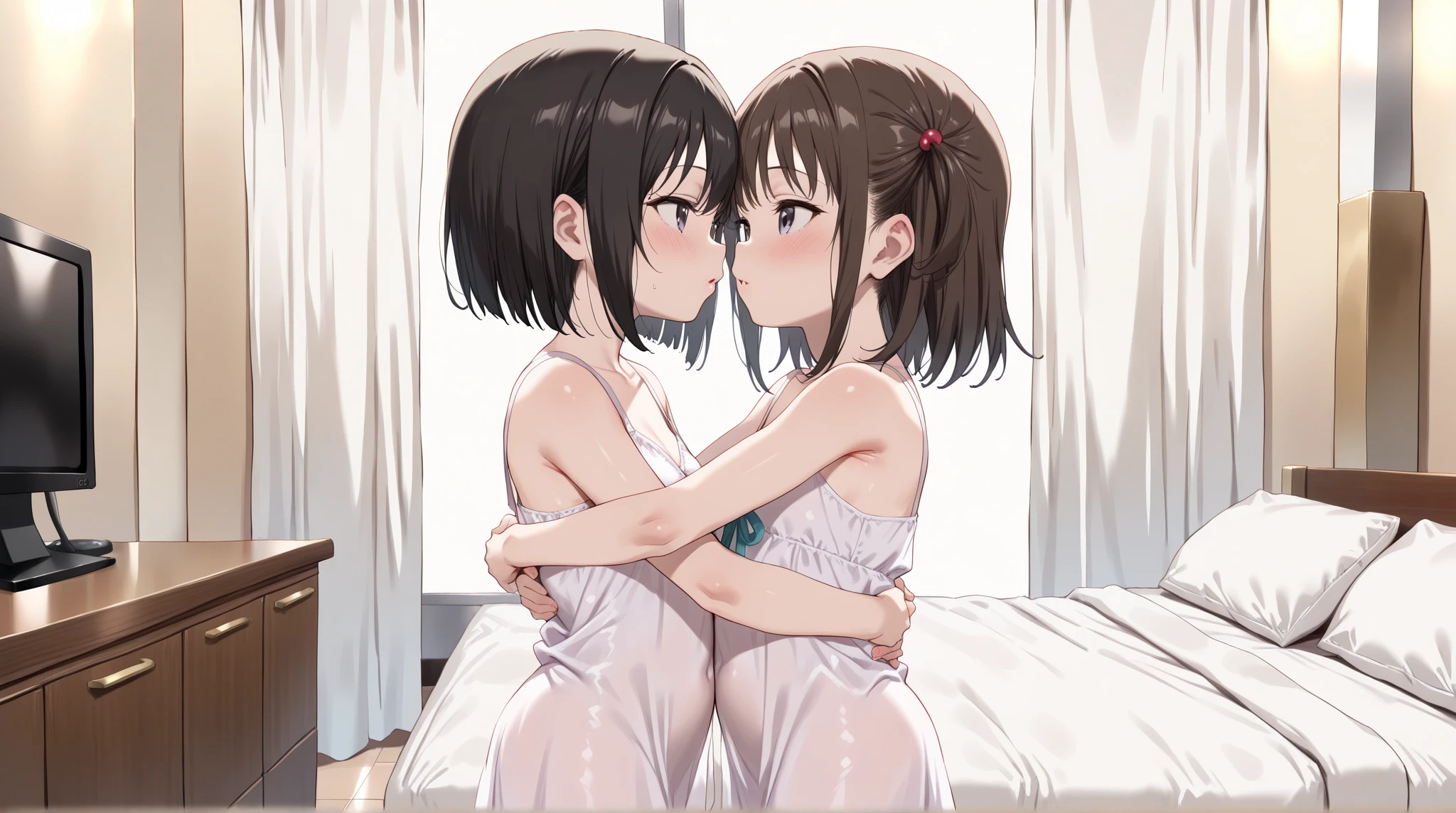((Small Breasts))、nsfw,((Beautiful nipples)),((1boy and 1girl,having sex)),(cum on body)、Highest quality、Very delicate and beautiful、I、(( ))、Japanese Girl、Primary school students、((Very short bangs))、((Bangs))、Brown Hair、Short Bob、Young body type、Cute like an idol、Yellow Eyes、Are thin、Slim figure、Bright room、Daytime、Open Mouth、Embarrassed face、Sweat、sperm、(cum on body)、On all fours、Shooting from behind、Accentuate your butt、