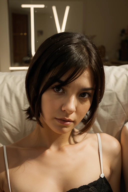 Very sexy photography, Erotic, suggestive. Dim light coming through the window, something gloomy. A girl a bit like Kristen Stewart but with very light brown eyes, light green, with a thin nose and square jaw, big teeth, big gums. The girl is very very thin and is sitting on the bed in a bedroom, You see the full body, whole body, long and beautiful legs, pretty and beautiful feet, his skin is quite dark, very tanned, short hair, wavy brown hair with bangs, totally naked, She is not wearing panties and you can see her pussy, and a nipple of a tit is left out