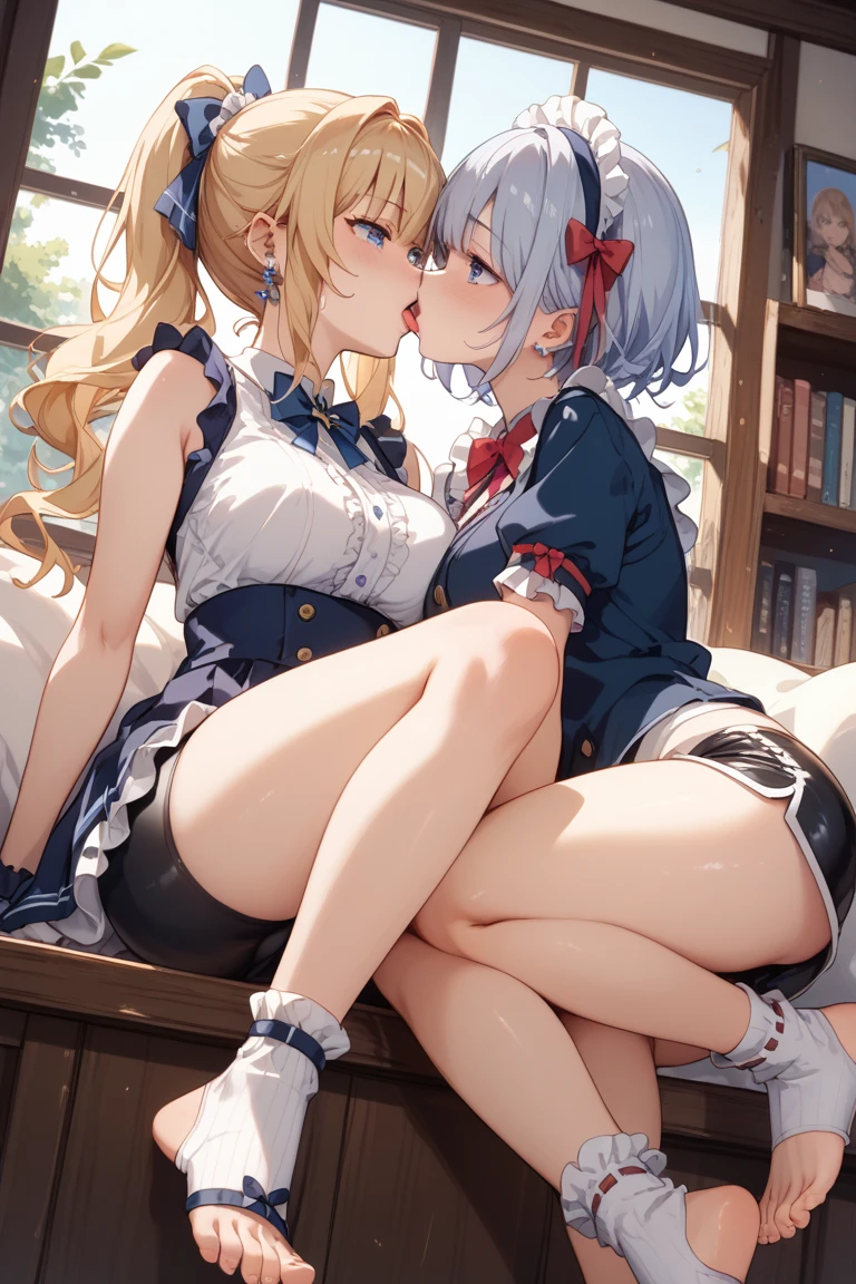 masterpiece, Highest quality, Official Art, Very detailed, Perfect hands, Perfect Eyes,(((Two Girls))), topless、Upper body naked、Big 、Big Breasts、Lace panties、White pleated mini skirt、belly button、Thin legs、Provocative look、((loose socks))、Calf、On the bed, (((Armpitを見せる)))、Sexy Appearance，White skin, blue eyes，Gray Hair, Short Bob、On the bedにひざまずいて，Full Body Shot，vision，High resolution，Highest quality，blush， Cinema Lighting，nvidia rendering，Shaved、Shavedまんこ、Insert into pussy、Insertion into female genitals、semen、Sex、正常位でpenisをInsert into pussy、peniale organ、Insertion into female genitals、Insert into pussy、Insert into、NSFW、((orgasm))、((Close your eyes))、Gasp、Panting、Cum、feel、Red cheeks、Felt expression、Trance Expression、Provocative look、Open your mouth、口からsemen、Drooling from the mouth、Panting expression、sex,semenまみれ、全身にsemen、エッチなMake a sound、感じているMake a sound、Make a sound、Raise your arms to show your sides、Armpit