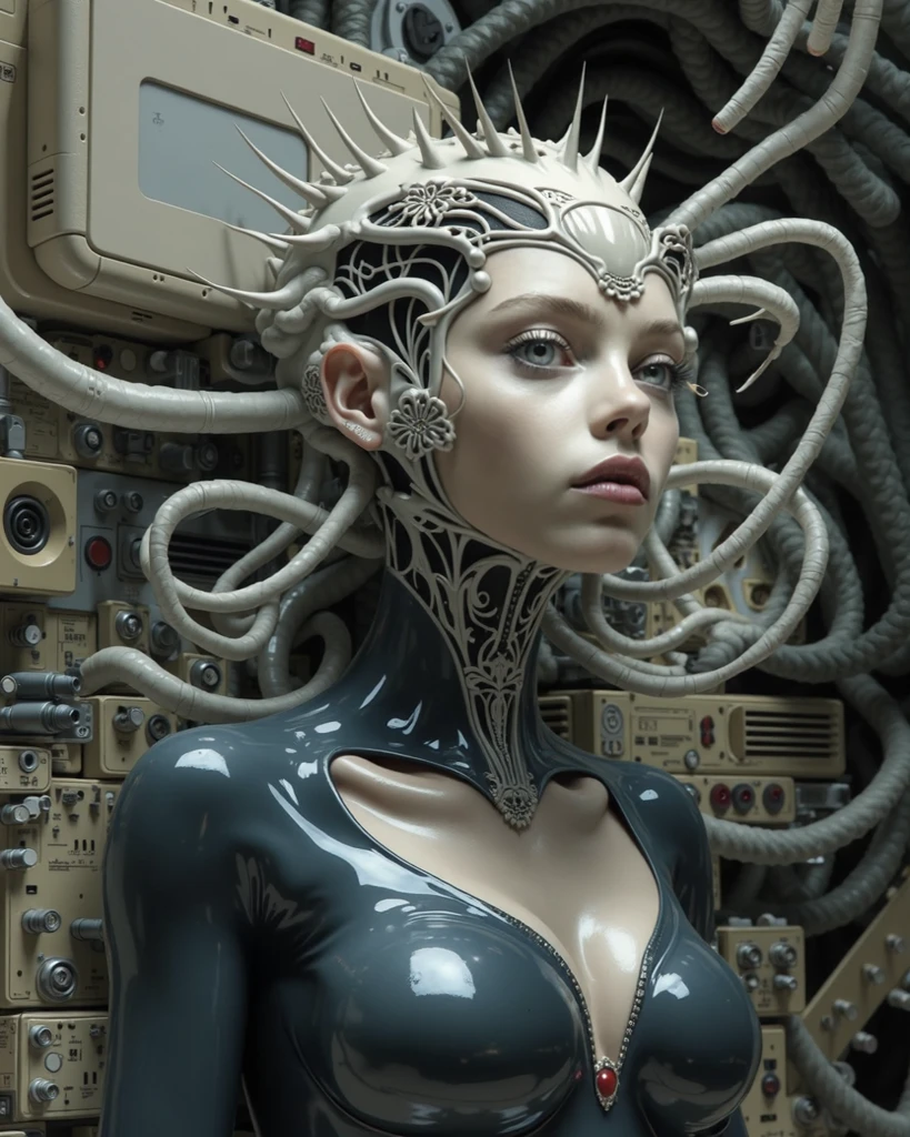 Cyberpunk girl, with wires comming out, mandibles, dentes afiados, Filme de Horror, animatronic, filme gore, filmed with panavision, monochrome, old VHS style, beautiful face, sexy, looking at the sky