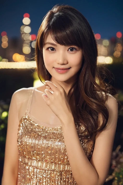 One Girl, (wearing an orange glitter dress:1.2), (RAW Photos, highest quality), (Realistic, Photorealistic:1.4), Tabletop, Very delicate and beautiful, Very detailed, 2k wallpaper, wonderful, In detail, Very detailed CG Unity 8k wallpaper, Very detailedな, High resolution, Soft Light, Beautiful detailed girl, Very detailedな目と顔, Beautifully detailed nose, Beautiful fine details, Cinema Lighting, City lights at night, Amazing illumination, Perfect Anatomy, Slender body, small, smile