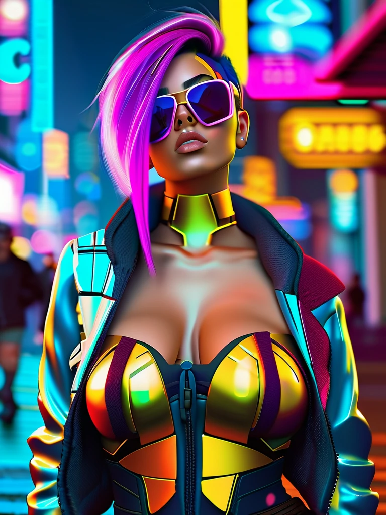 A breathtakingly beautiful half-naked African woman sits on the street, her voluptuous figure exposed by a torn, large dress that reveals her toned physique. She is an alluring sight, her dark skin glowing under the warm lighting of the retrofuturistic cityscape. Nestled around her in pristine condition are white pieces of furniture, their chrome trims gleaming in the neon fuchsia and blue lights that illuminate the scene. Intricately designed robots, remnants of advanced technology, patrol the area with sharp focus, their gears and mechanisms clicking rhythmically. The background is a symphony of ultramodern urban architecture, where
