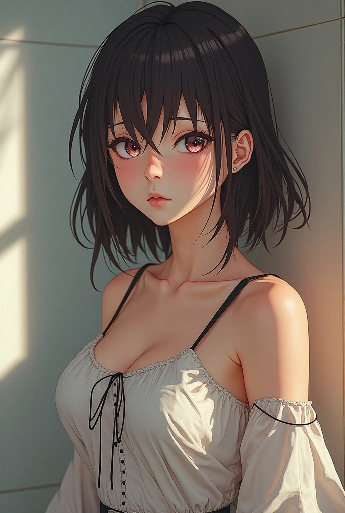 (Masterpiece, best quality, photorealistic, highres, photography, :1.3), close-up shot, sharp focus, (1 girl,black hair, girl, hot model), realistic skin, (slim body shape, perfect body, beautiful midriff, thin waist, cleavage), short hairstyle, extremely detailed hair, delicate sexy face, sexual gaze, shiny lips, ((wearing cropped shirt with white cardigan, wearing pendant)), lean forward, spread hand, outdoor, ((vivid light, dynamic lighting, realistic, super realistic, realism, realistic detail)) small black bra