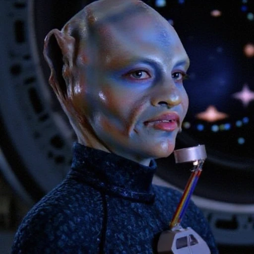 cardassian, female, ulani, grey skin, reptile scales on sides of neck, elaborate updo hair with disk-shaped barettes, wearing an earth tones woven tunic and brown shirt, medium shot, engineering lab background, wendy robie, <lora:cardassian_lora_v2:0.8>