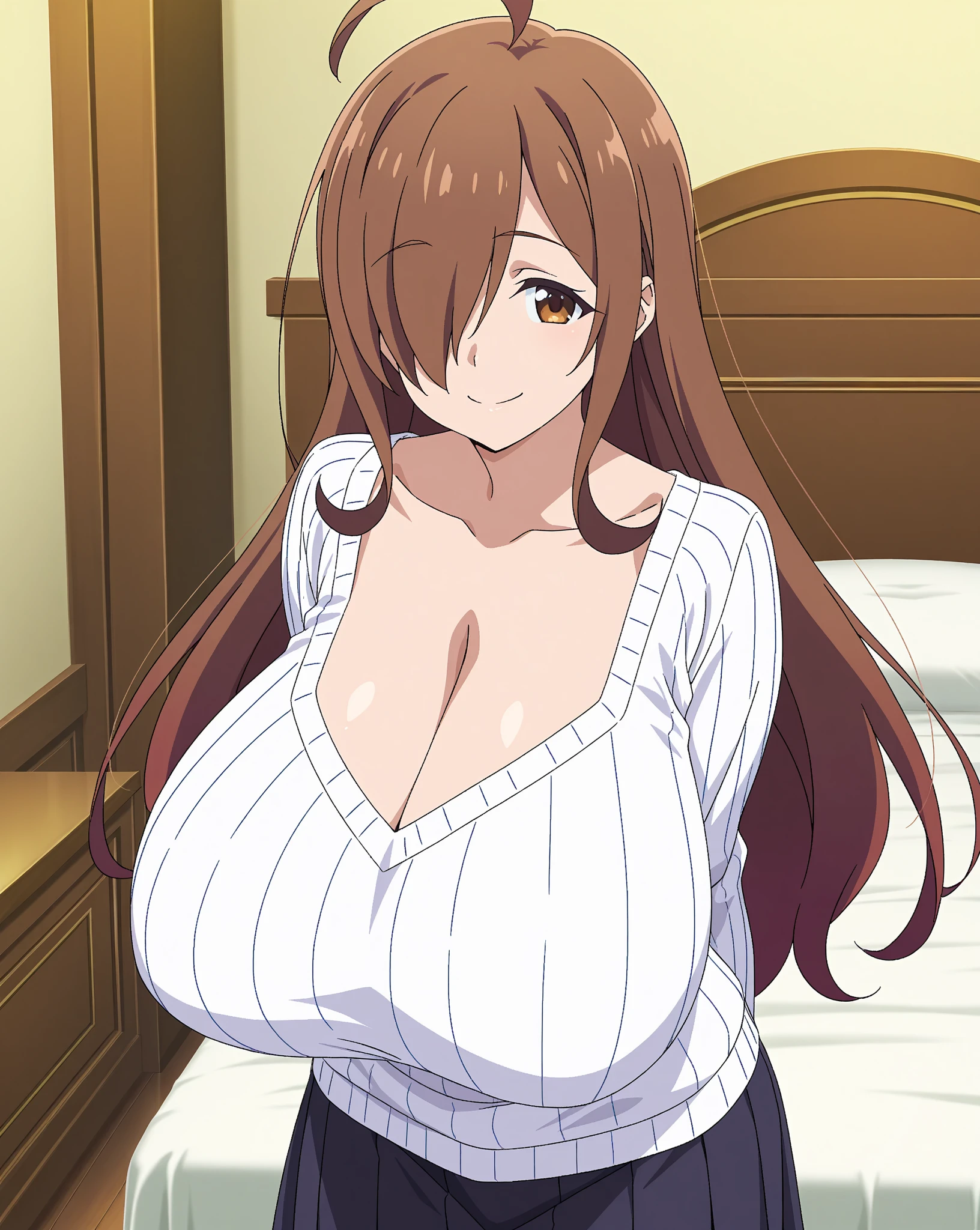 ((masterpiece)),(Highest quality),Official Art,Highly detailed CG,unity 8k wallpaper,Super detailed,On the hotel bed,One girl,alone,Cowboy Shot,Cleavage,Long Hair,Leather shorts,Brown Hair,jewelry,Bare shoulders,View your viewers,Hoop Earrings,belly button,Red eyes,Brown eyes,Black Midriff,Large Breasts,Black Hair,Knee-high boots,Lace top stockings