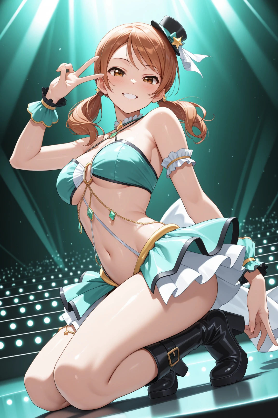 Armpit Show,Sexy dance show,One girl,alone,Silence Suzuka \(umamusume\),Excellent anatomy, masterpiece, Highest quality,Realistic, hyperRealistic, 16k hdr,Smile,((Live Stage,Spotlight:1.1)),(See-through costume:1.2),Stage Costumes,Horse tail,Ultra mini skirt,belly button,Micro Panties,(Large Breasts,Cleavage:1.2),Sweat,(Sexy pose,Are standing,Spread your legs:1.2),(Leaning forward:1.3),(From below,look up:1.3),breast focus,ponytail