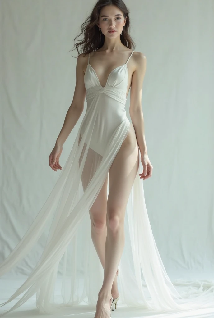 ((Best quality，High Detail，masterpiece:1.5)),1 Full body photo of a 20-year-old girl, White Dress, （Backlight, see through silhouette：1.3）, Solitary, permanent, Raise your arms, Stretching exercises, Dance poses，Delicate face, White-skinned female