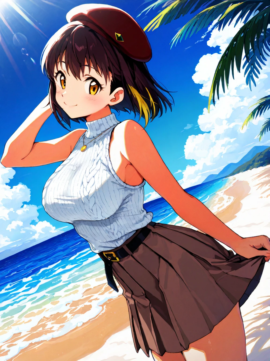 (Highest quality, 8K, masterpiece :1.3),Lizaリン・シュタウト(Lizaのアトリエ),Liza,Plump, One woman,Wet with sweat,Large Breasts,short hair,Brown Hair,hair band,Clothing,hat