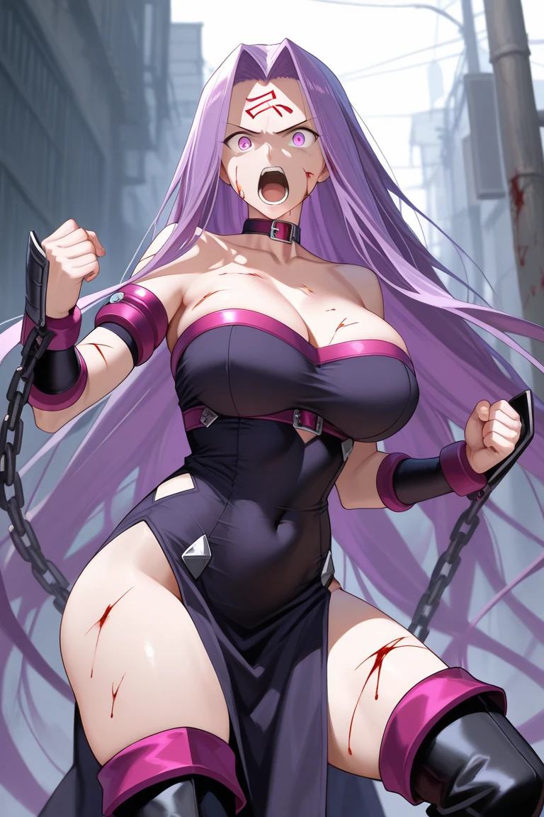 Anime Kawaii sexy Perfect Slim sensual body large breast and huge thighs, An intricate and highly detailed illustration of anime (Young girl). masutepiece, Best Quality, absurderes, Perfect Anatomy, 1girl in, Solo, Yoko Katori, Long hair, purple thighhighs, elbow groves, Purple gloves, Black shorts, uniform, thigh holster, Kneeling, embarassed expression、((Chained))、((thigh high boots))、((gargantilha))、((A chain is wrapped around his arm))