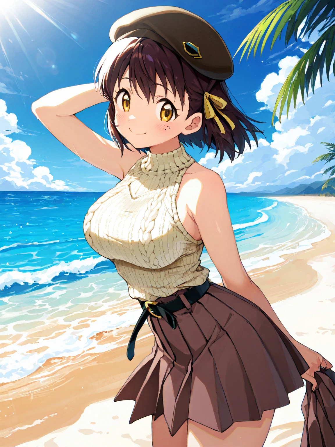 (masterpiece:2.2,4K ,8k, Highest quality, Ultra-high resolution, Super detailed),Beautiful detailed hair, Beautiful Lips,Highly detailed face, Beautiful attention to detail, Beautiful clavicle, Beautiful body, Beautiful breasts, Beautiful thighs, Beautiful feet, Beautiful fingers, Symmetrical face, Perfect Face,,( Yellow clothes and apron come off)、、(Beauty),((whole body)),noon間,Show your face, (Beautiful and detailed female genitalia), Dynamic pose、gravure、Dynamic Angle、Dramatic lighting,Cinematic、(smile:0.5,in trouble:2,Embarrassed:1.5),((Showing off female genitalia)),(((Grab clothes,Undressing))),Take off your clothes,noon,beach,(The ocean is visible from the center of the subject.),(Big Breasts:1.5),(Crumble clothes),((dynamic:2)),Absurd,(pubic hair),(My hair flutters in the wind,The wind blows away clothes,The wind takes off your clothes),(Wide angle),半naked,Nipples,Vision,plant,Hibiscus flowers fluttering,((naked),The apron flips up
