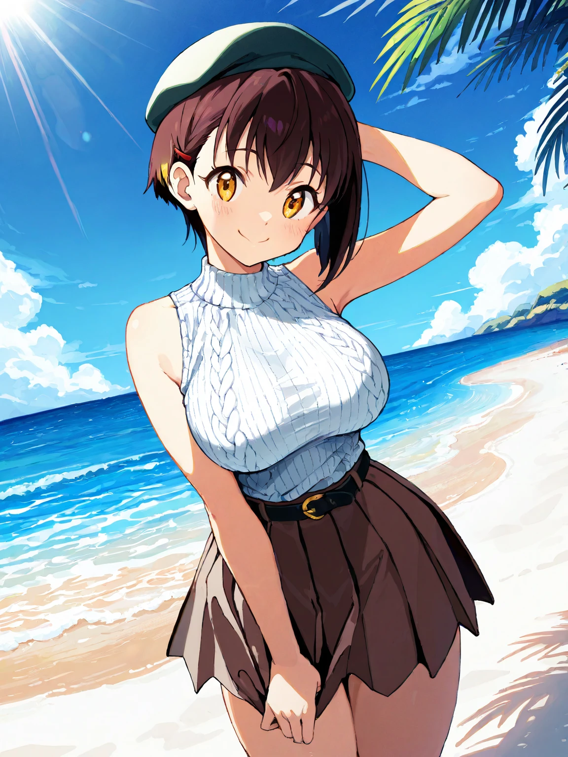 (Highest quality, 8K, masterpiece :1.3),Lizaリン・シュタウト(Lizaのアトリエ),Liza,Plump, One woman,Wet with sweat,Large Breasts,short hair,Brown Hair,hair band,Clothing,hat