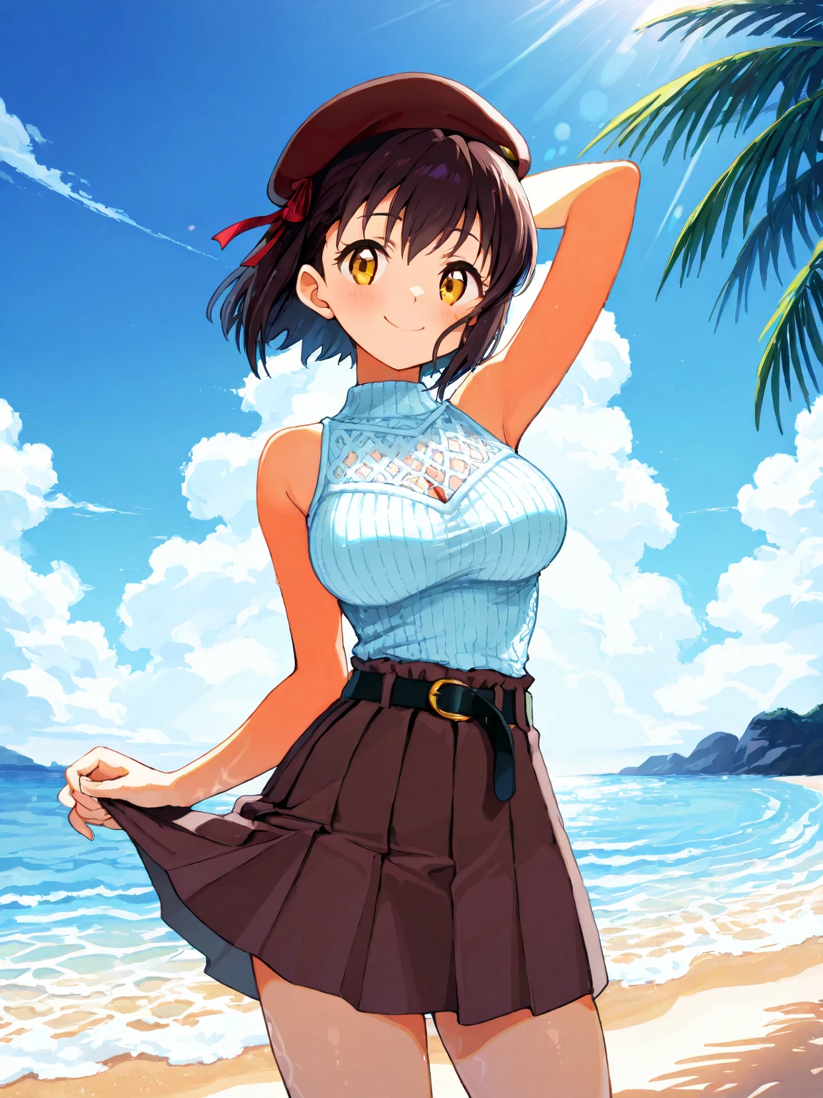 (masterpiece,best quality,absurdres,beautiful,aesthetic,detailed),1girl,tied shirt,underboob,navel,narrow waist,shorts,unbuttoned:1.2,skindentation,beach,arms up, short hair, hands in hair, cowboy shot,wide hips,open fly,panties,navel piercing,medium breasts,facing viewer,thigh gap