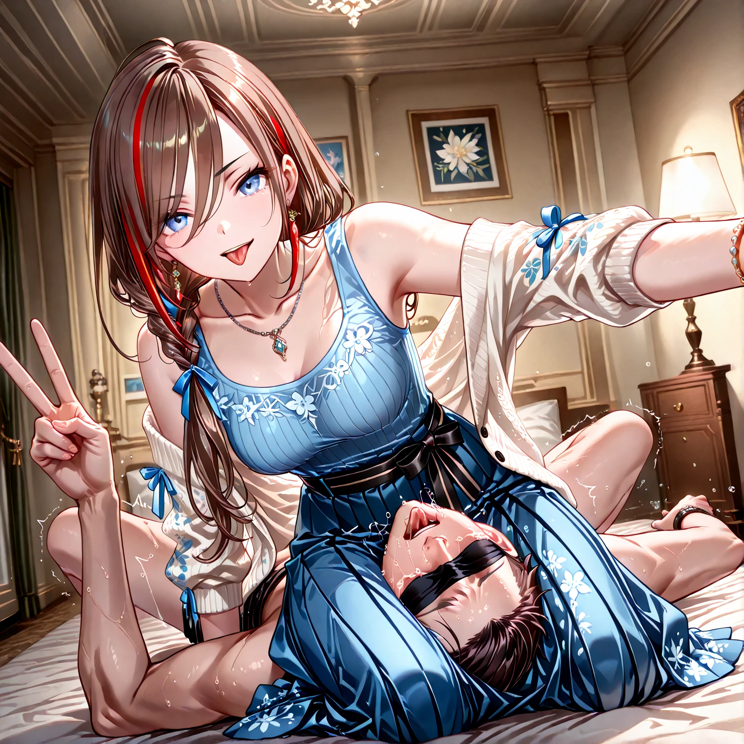 (1 boy, 1 girl), a age school girl in mixed bondage wrestling with a teenboy, they are roughly the same age, the school girl is wearing a red pleaded careered skirt and a black pullover, the girl has a is a bit smaller than the boy, the girl has shoulder long hair, the boy is wearing casual clothes, teenage hogtied and struggling against the ropes, school girl applying more ropes to the teenage boysy, blushing boy dominated and controlled by the girl, the girl is smiling and laughing and tries to humiliate the teenage boy, thenage boy is blushand ashamed and is gritting his teeth, he desperately tries to break free but to no avail, the girl is sitting on top of the teenage boy to prevent hrom moving and has ropes in her hands and uses them to tie up the arms of the teenage boy behind his back,arms of the teenage boy are completely tied nd his back in lots of ropes, the girl is saying „this must be embarrassing for you“ , huge struggle, many viewers watching, wrestling ring,intricate rope work, teenage boy blushing and ashamed, dric lighting, highly detailed, photorealistic, 8k, masterpiece, teenage school girl vs teenage school boemdom, power, control, tiful teenage girl, detailed faces, teenage boy aggresy tied up by teenage girl, lot rope, perfect eyes, detailed faces