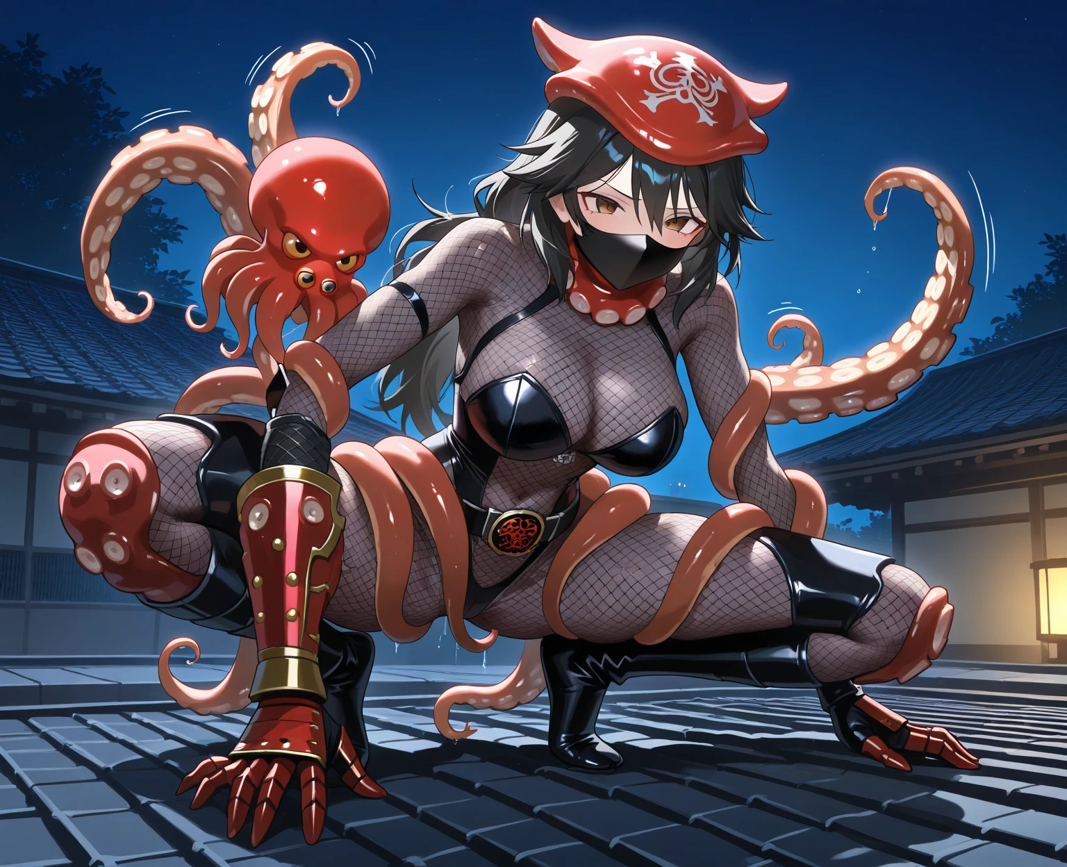 Woman Tormented by Tentacles、((masterpiece,best quality anime,Highest quality:1.3)),realistic,cowboy shot,(25 year old beauty),Female ninja,1woman,独奏,((very small head:1.4)),((very long body:1.3)),black hair,bangs,straight long hair,gorgeous big eyes,black eyes,sad,((tan skin:1.5、Injury)),(black high neck sleeveless,leotard、black_thighhighs,black fingerless gloves),((slender body:1.3,skinny)),medium breasts,gleaming skin,shiny skin,kneeling,Old shrine in the mountains、night,nsfw,