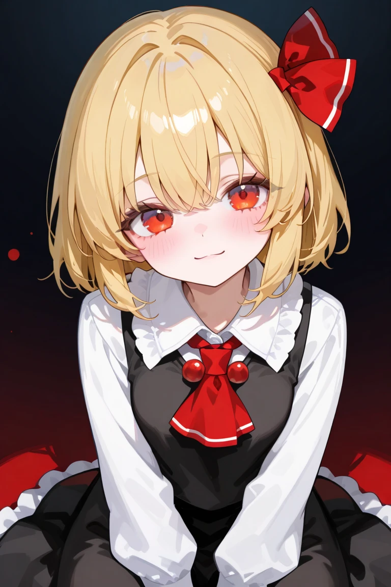 <lora:rumia:0.75>, hdr, (intricate details, hyperdetailed:1.15), (sharp:1.2), (UHD, HDR, highres, photorealistic, ultra detailed, intricate details, absurdres, masterpiece, 4k, 8k:1.2), photon mapping, radiosity, physically-based rendering, cinematic lighting, intricate, High Detail, Sharp focus, dramatic, rumia, 1girl, ascot, black_skirt, black_vest, blonde_hair, blush, collared_shirt, frilled_skirt, frills, hair_between_eyes, hair_ribbon, highres, long_sleeves, looking_at_viewer, crazy smile, red_ascot, red_eyes, red_ribbon, ribbon, rumia, shirt, short_hair, skirt, smile, solo, touhou, vest, white_shirt, ((flat chest)), petite, (t-pose:1.3), (crazy eyes, empty eyes:1.3), (blood on face, blood on clothes:1.3), <lora:Crazy_ExpressionsV2:0.7>, <lyco:GoodHands-beta2:1.0>