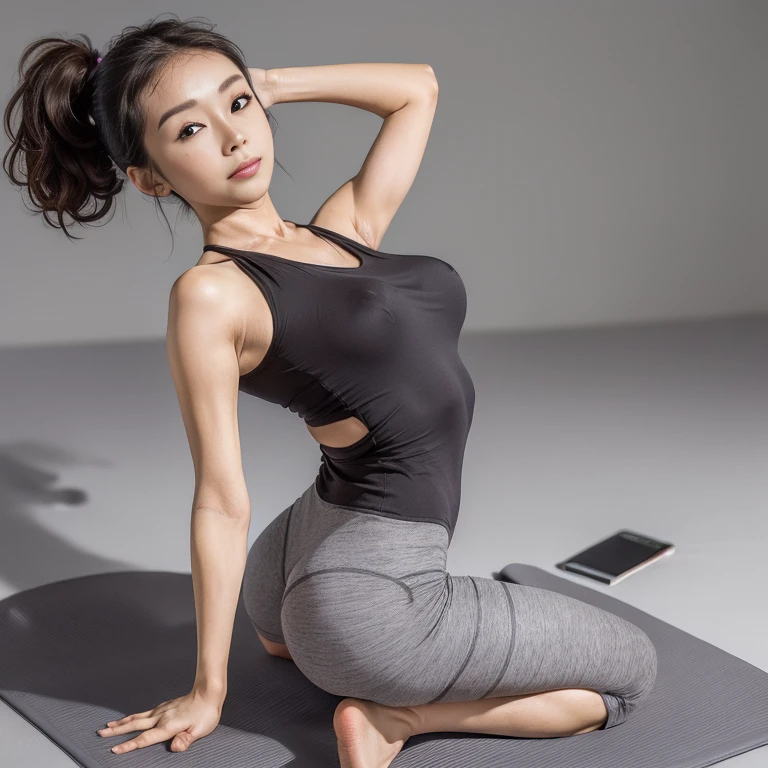 Female yoga instructor in sexy position、(Sexy yoga instructor outfit highlighting her tight figure)、Very beautiful Japanese gravure idol、Baby Face、Very stylish、She has very long legs like a Korean idol.、((Very big boobs))、(Randomly anywhere in the yoga studio)、A simple background that doesn't look out of place