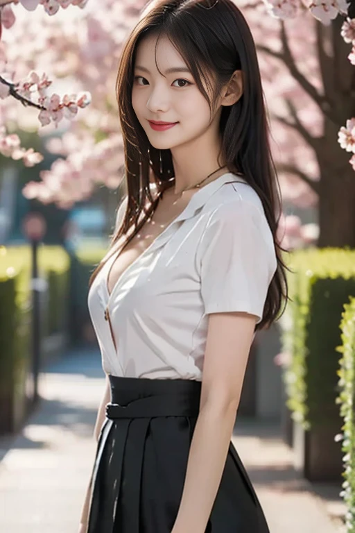 Drooping collar, A slightly visible bra under the shirt,Looking down,Leaning forward,(((A small valley is visible))),skirt,One girl, Looking_in_Audience, smile, Japan, Tokyo, Cherry Blossom, Octane Rendering, 一人in, Very skinny,V-neck　business suit,A neat image,Mature Woman