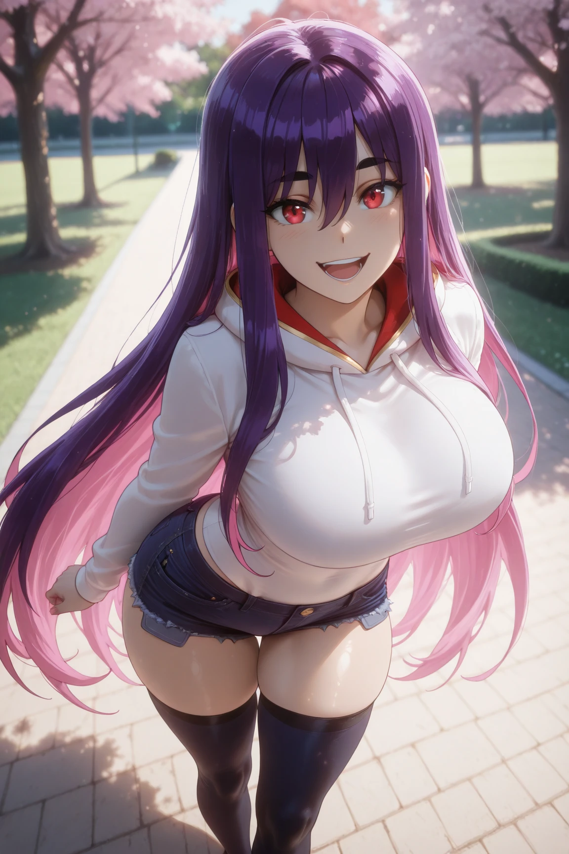 An ultra-high picture quality、1 girl in、Best Quality、in woods、Chest visible。near。She tries to squeeze his genitals with her plump breasts。(Beautiful girl with purple hair)、she turns her clothes upside down and shows her breasts。top-quality、Soft light