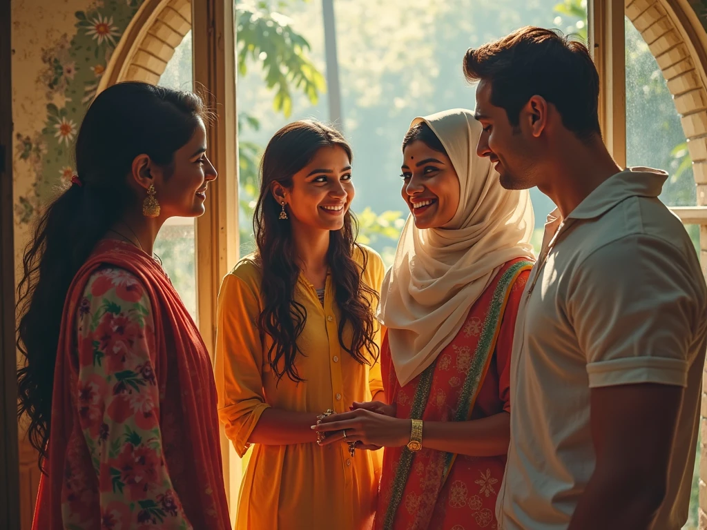 Create a image boyfriend of a girl his name is Azhar and girls nane is Muskan, Azhar after separation of 15 years, he has got a good govt job after that he goes to Muskan House and before Muskan's father Azhar is saying about his marriage with Muskan, Muskan's father agrees and Muskan's mother lovingly gives her daughter's hand to Azhar and Muskan's two younger sisters also happily hug Azhar and Muskan.