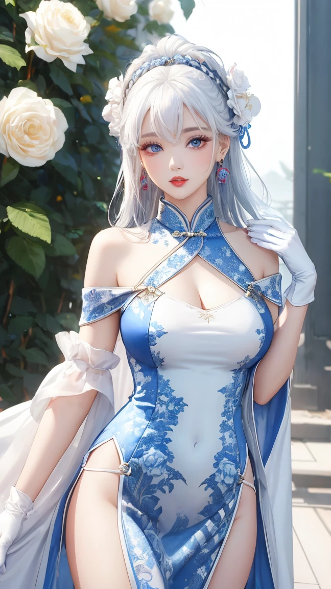 ((((masterpiece, Best Quality, High resolution)))), extremely detailed 8K, sexy Beautiful Japanese teen girl with slim body, (Ultra HD, Ultra-detailed, Highly detailed, Highly realistic, Ultra-realistic, photos realistic), (1girl:1.5), blonde hair, short bob cut like, (dynamic poses), facing at camera, light smile, (huge breasts: 1.2), (beautiful detailed face, Beautiful detailed eyes), Anatomically accurate hands structure, Anatomically accurate fingers structure,(bright blue long sexy Glossy silk see-through European court nobility long dress attire, white unicorn embroidery:1.5), (front button of European court nobility attire not fastened and breasts part widely open:1.5), Glow, Sweat, (rays of sunshine, Sunlight from the front),(topless), sexy long legs, nakeness, bared chest, Sexy, Blushing, look up to the sky, (widely spacious royal palace flower garden:1.2), ultra realistic wide landscape, photogenic scenery, spot light on face