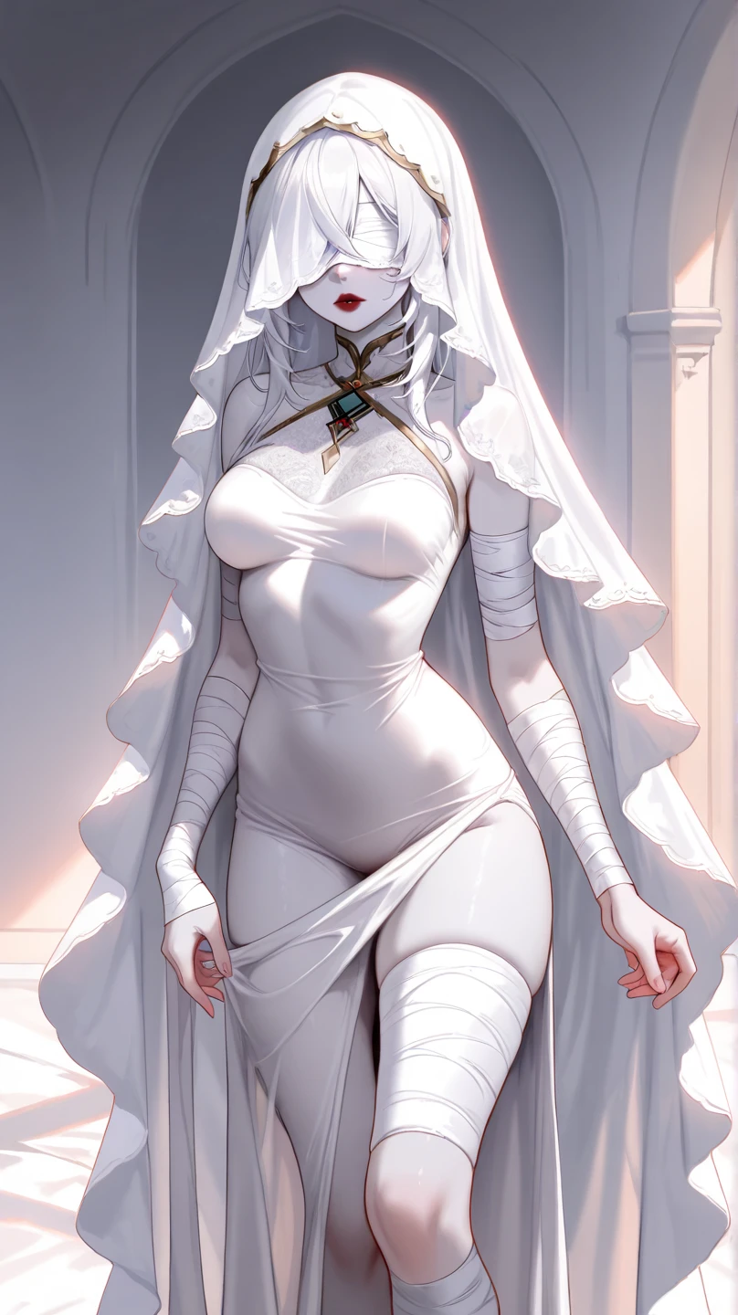 beautiful platinum haired woman, pale skin, draped in silver silk bathrobe, gold hues