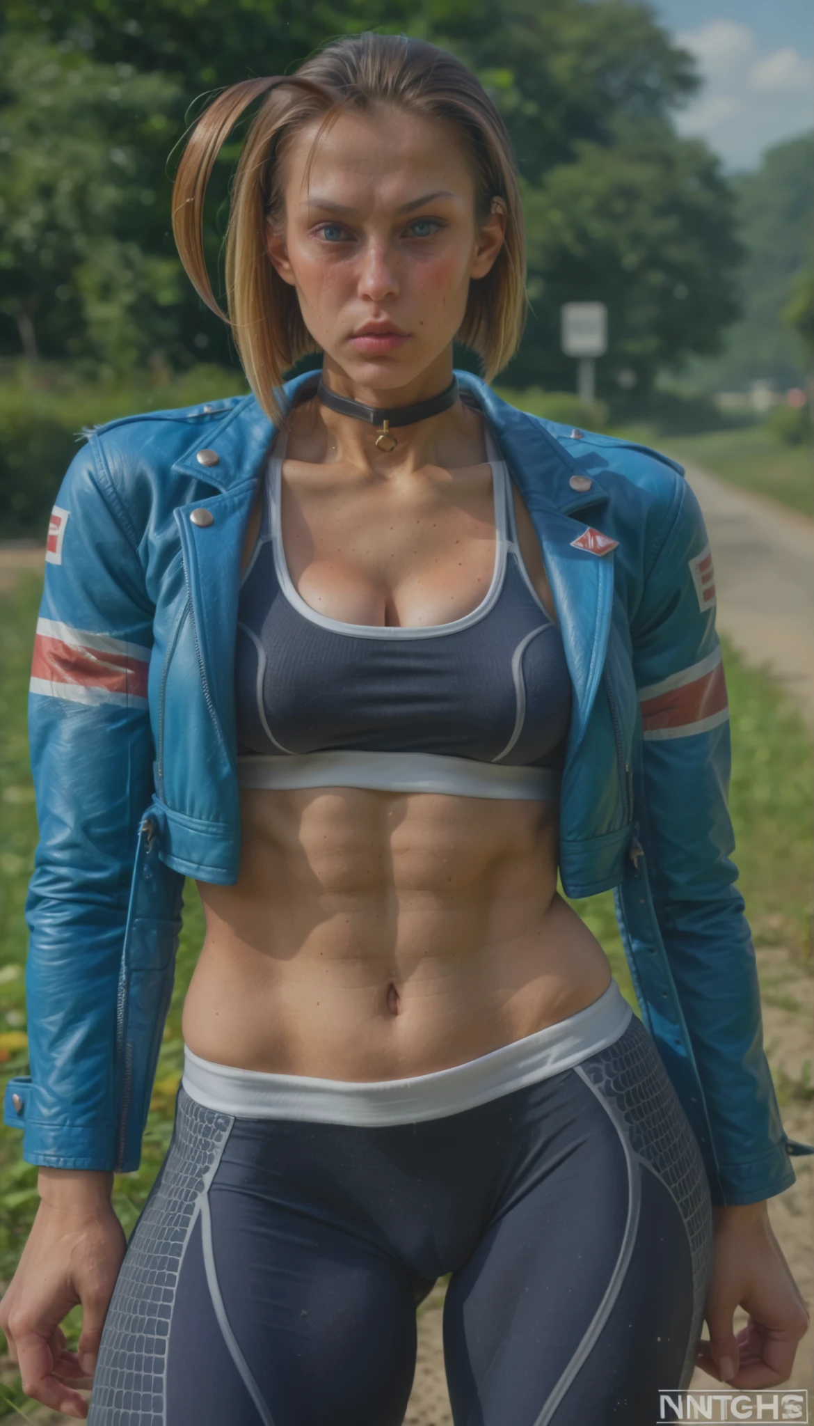 score_9, score_8_up, score_7_up, BREAK, score_9, cammySDXL, 1girl, solo, breasts, short hair, blue eyes, blonde hair, navel, big breasts, jacket, open clothes, choker, midriff, pants, open jacket, lips, crop top, black choker, scar, abs, antenna hair, blue jacket, scar on face, forehead, cropped jacket, toned, sports bra, nose, tight, tight pants, yoga pants, black sports bra, denim jacket, cowboy shot,outdoors, big breasts, thick muscular thighs, wide curvy hips