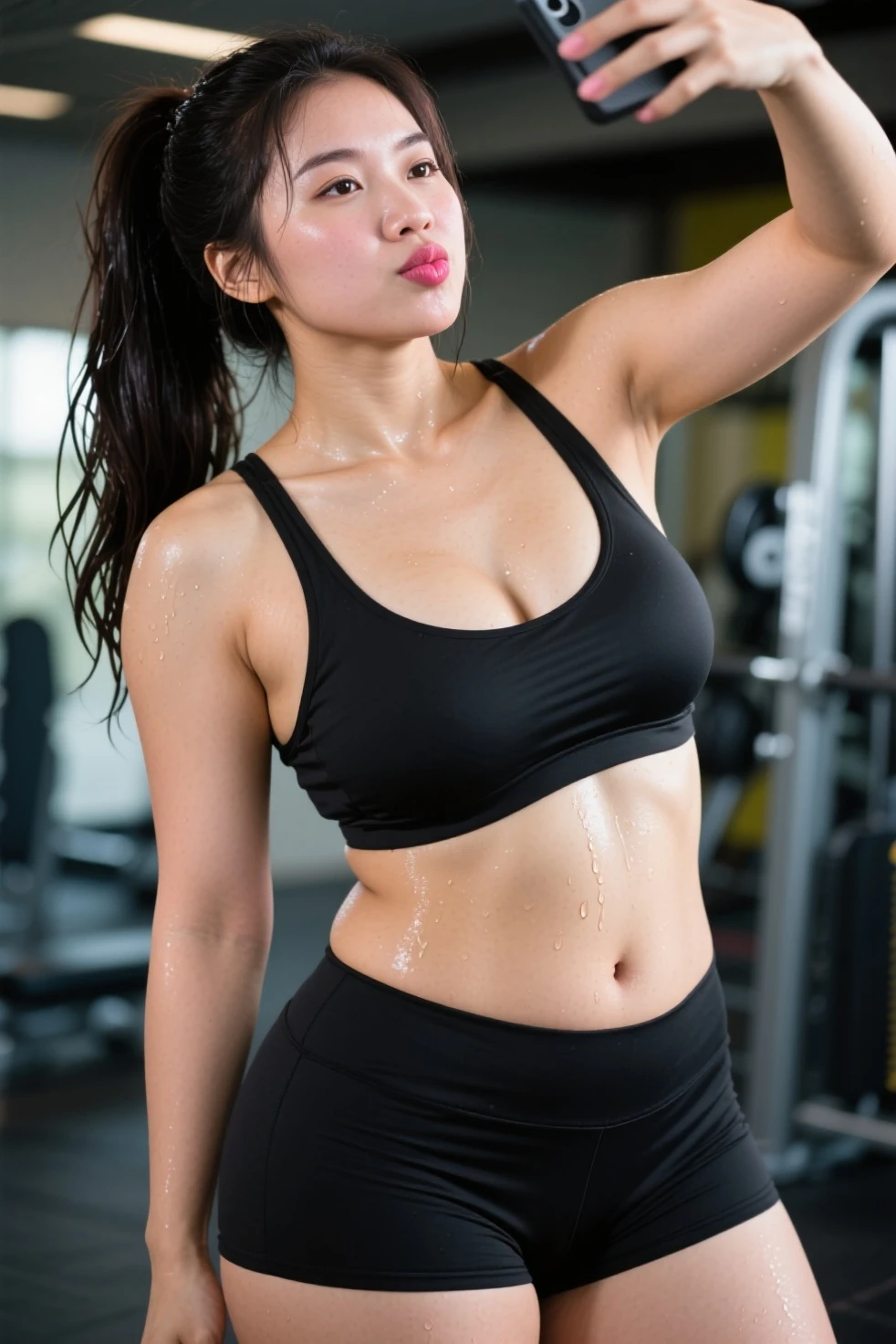 Best image quality, high quality, 8k, (Like the picture:1.4), (((1 beauty))), Beautiful expression, Eye and facial details, (Muscularの体:1.2), (Sportswear:1.3), (Woman exercising at the gym), smile, (Beautiful lighting:1.3)), Super detailed, Attention to detail, high quality, High resolution, Muscular, (((Large Breasts:1.3))), (((Very short hair))), (((Beautiful woman))), Wearing leggings, (((Play sports often))), (((Show your armpits))), Cleavage, (Vertical belly button:1.5), (((Head to knee photo))), (((Standing pose))), Depth of written interface f/1.8, (((looking at the camera))), Sharp focus, (((The shape of the vulva is prominent through the leggings))),