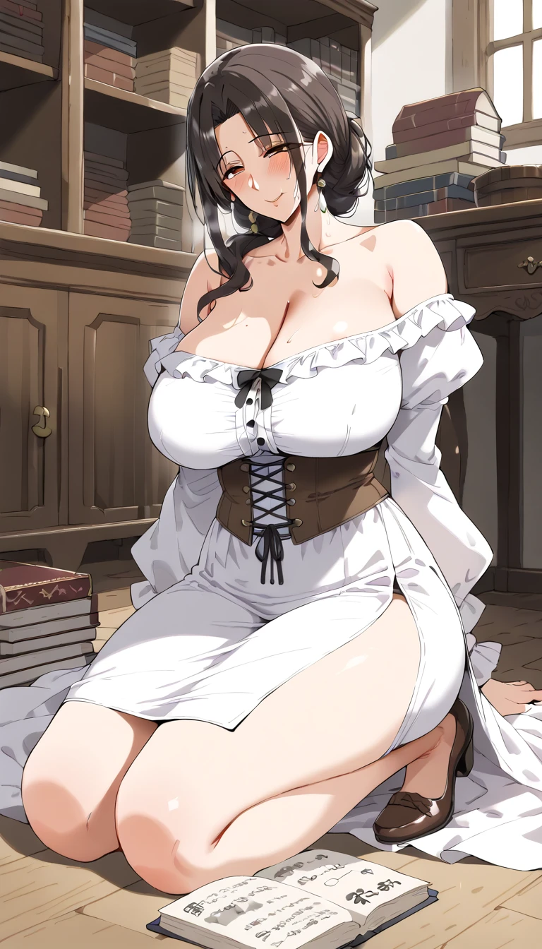 (((squat))),Spread your legs,(highest quality), Woman, (Full Body Shot), masterpiece, 超High resolution、(((highest quality, High resolution, , Pixel Perfect, 4K))),((Correct Anatomy))、((Sweat))、 ((Maid Costume)), ((Complex and detailed)), An absurd solution, Mature, Mature Womanpective, Very detailed,Great style, Perfect hands, Detailed fingers, Beautiful details, Black choker, Earrings, Black Stockings, garter belt,Heel,Perfect Eyes, Seductive eyes,((long hair)),(Braid),Maid Cosplay