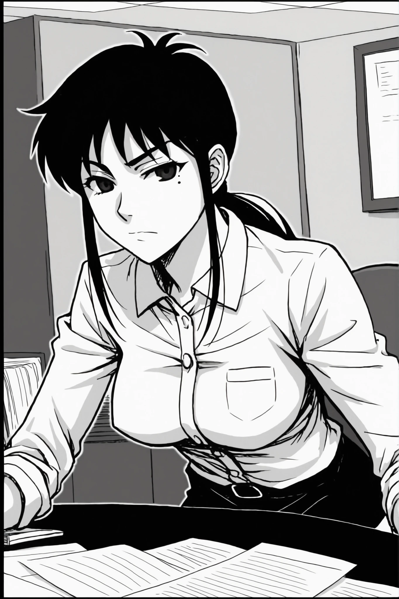 midori kuzuhara ( enomoto ),comic,1990s_(style),monochrome,manga style,simple,with rough sketch lines,line art,Minimalist portrait,in syonenmanga style,closed mouth,ideal ratio body proportions,medium breasts,{{in Enomoto Shunji style,}}
indor,office,office uniform,ponytail,No expression,mole under left eye,black hair,long hair,long sideburns,Japanese girl,black eyes,only have black eyes ,1girl, {{{{{{thick outline}}}}}},{{{{{{black outline}}}}}},flat color,squatting, panties, POV