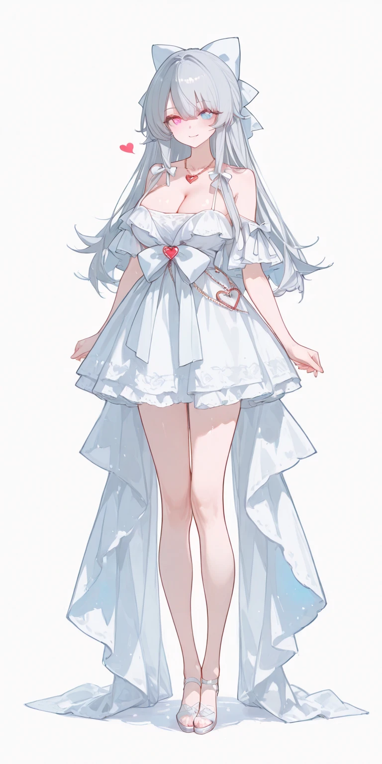 ((best quality)), ((masterpiece)), (detailed), perfect face, Character design, female, long white grey hair, wearing a white angelic dress, red grey eyes, small frame, very skinny, detailed, best quality, no accesoires around the neck, no shoes, prominent collarbones, skinny arms, flat stomach, visible hip bones, full body, kuroshitsuji character