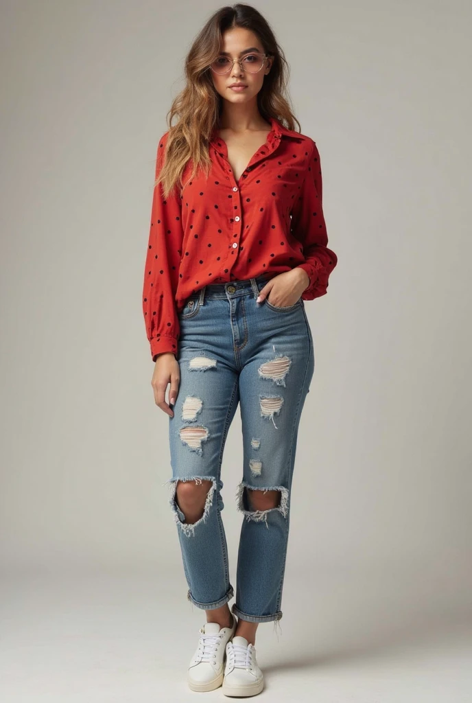 Lauren German dressed in striped top and red jeans smiling