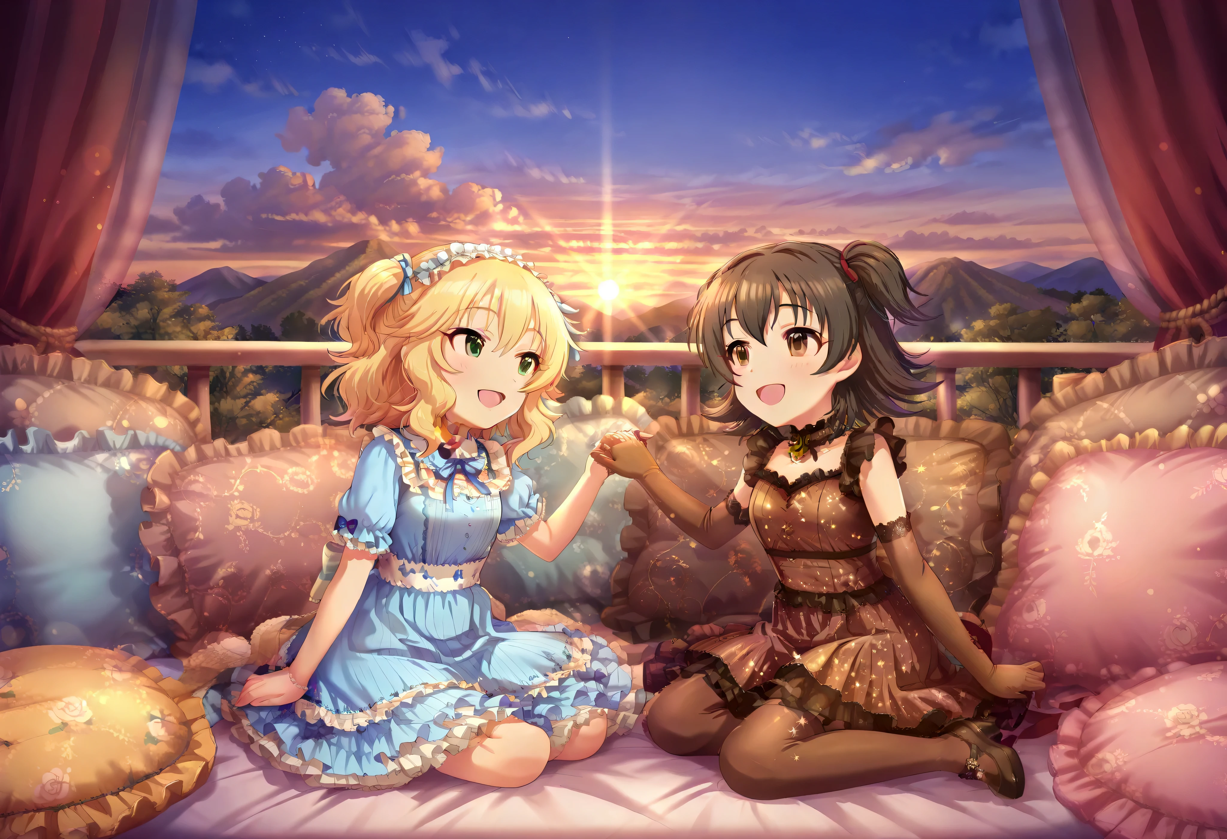 (score_9:0.9),score_8_up,score_7_up,negative_hand, realistic,Akagi_Miria_Cinderella, short hair, black hair, brown eyes, two side up, hair between eyes , lovely small breasts , alice dress, alice in wonderland dress, over elbow glove,Sakurai momoka, blonde hair , 2girl, duo, couple, full body, whole body view, smile, open mouth, outdoors, sky, focus, day, cloud, holding hands, mountainous background, scenery, sunset, looking at the sky,  pillow, frilled pillow, (((dark brown satin pillow))), luxury pattern, large pillow, giant pillow, oversize pillow, sitting, sitting on the pillow