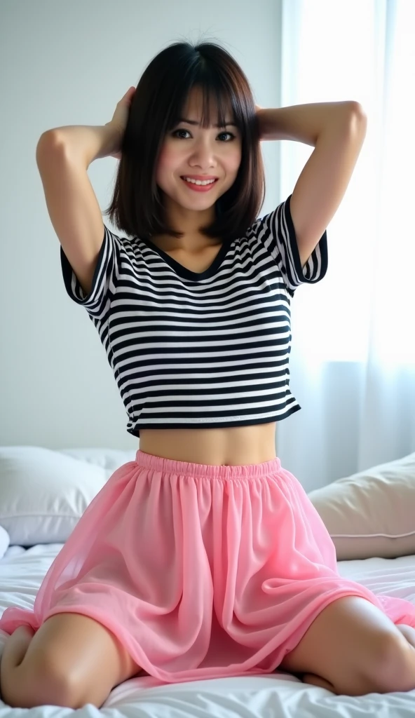 ((highest quality)), ((masterpiece)), (become familiar with), perfect face, , realistic, photo realistic, Highly detailed cute girl, 20-year-old, (skirt lift), ((skirt lift by myself)), black lace panties , panties focus, blush 2.0,half open mouth、 parted lips, looking at the viewer , half body shot , wearing an off-shoulder shirt , , short hair