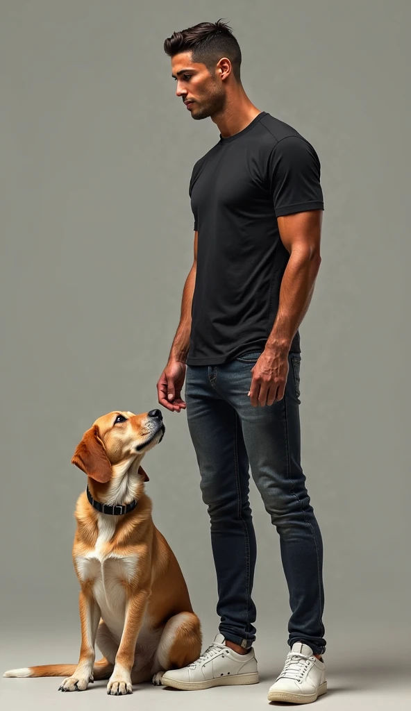 black and white tattoo of a man and an english cocker spaniel from the back with the shadow of the man and the dog