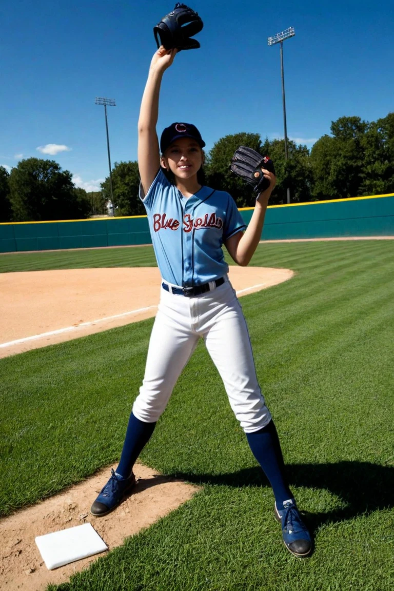 a young woman, wearing a baseball uniform, hit the ball just right, sweating, wearing shorts