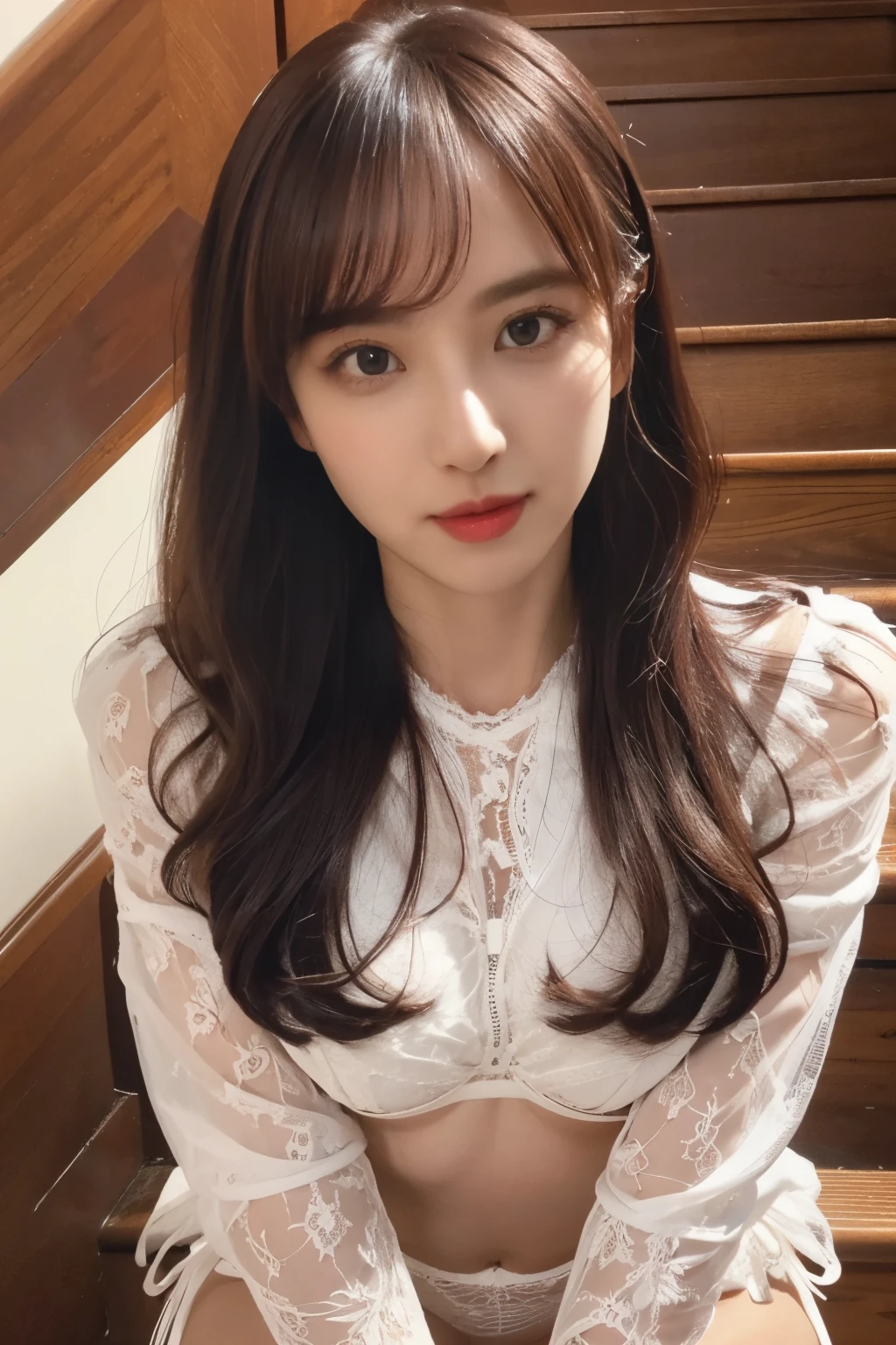 (UHD, masterpiece, anatomically correct, textured skin, super detail, best quality, highres , 8k, Front Light:1.2, Perfect dynamic composition), (24-years-old, 1 girl,Cute and sexy ,Sexy Face, Distant eyes, Gentle eyelids, Thin eyebrows, Gentle corners of the eyes, completely charm you, Eyes that feel erotic, A taste of beautiful eroticism, Too cute beauty), ((white sheer shirt, lace panties,)), (Captivating smile:1.2), (Beige hair:1.3, Long Hair, Inward curled hair, bangs, Smooth Hair, Hair behind the ears), ((medium breast)), (Absolute area, thin thighs), ((Stand on the stairs )), (Taken from directly below:1.4), ((looking at the camera:1.2)), Cowboy Shot、((Panty shot))、(Expression of pleasure)、(Gal Makeup)、((Knee-high))、(Show Panties)、
masterpiece, top quality , Ultra Fine, 8k octane , portrait photo ,