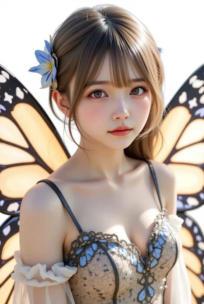 8K、dark backgrounds、A lot of butterflies are flying、Holy Light Butterfly Angel Girl,Butterfly wings,,In the style of rococo pastel colors,Light white and light red,Incredibly beautiful,SakuraNS,Reflection of sparkling water,combine,flowing,hyper realisitc,painting of a,etheric,Elsa Burda,stock photograph,Mixed reality and fantasy elements,Ray traching,Complex pattern,Delicate line art,Press Crystal,Exquisite hands、((小柄、Slimed、flat body、))big white glowing wings, beautiful celestial mage, white haired god, ethereal wings,White Prom Dresses、
