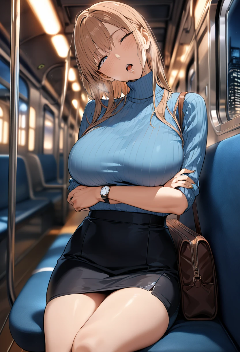 Girl with huge breasts in lace cleavage in the city subway