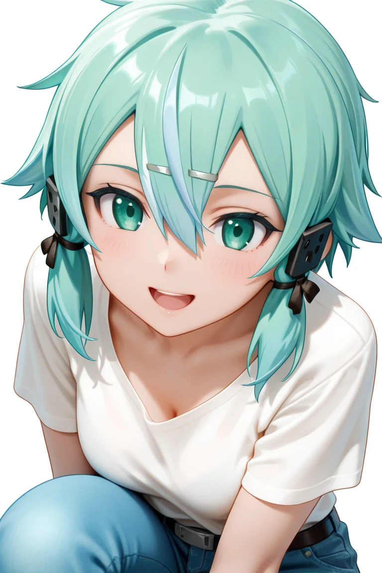 (hyperrealistic:1.2),(extremely detailed CG unity 8K wallpaper),(ultra-detailed background),(best shadow),(highres),(ultra-detailed),(finely detailed face and beautiful eyes),masterpiece,focus on eyes and breasts,city,1girl,looking at viewer,(glowing eyes:1.2),wide sleeves,(pretty face:1.2) , beautiful skin, delicate eyes, real skin, only an apron, glowing eyes, lovely eyes, small breasts, symmetrical breasts, delicate breasts, ((ultra-detailed breasts)), symmetric breasts,+_+, cute smiles, delicate nose, cute nose, beautiful nose, only 1 girl, solo, detailed skin,Sinon,((short hair with long locks)), black barrette on long locks,<lora:sinonGGO_sinonGGO:0.66>, symmetric eyes, closed mouth, cute freckles,multicolored hair, blue hair, green hair, glow hair, glowing matrix particles, matrix error background, symmetrical eyebrows,  closed mouth, smirk