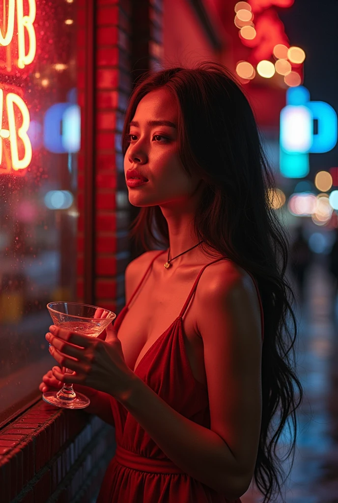 modern petite 18 year old young woman, indonesian, jakarta, movie, wearing dress, short pixie hair, floppy hair, messy hair, looking sultry, cinematic, photo real,, backlit, panavision, depth of field, night time, sexy, bed, in a discreet club, 21st century, bar,