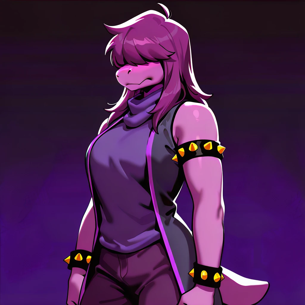 4k, high quality, short light purple hair, anime, orange eyes, Xaela, (Aurate), 1girl, dark blue forehead, wearing short sleeve black button up shirt, wearing black choker, wearing ripped jeans, ((((dark blue skin)))), serious expression, nightclub interior background, glasses, disco lighting, hand on hip, (anime screencap)