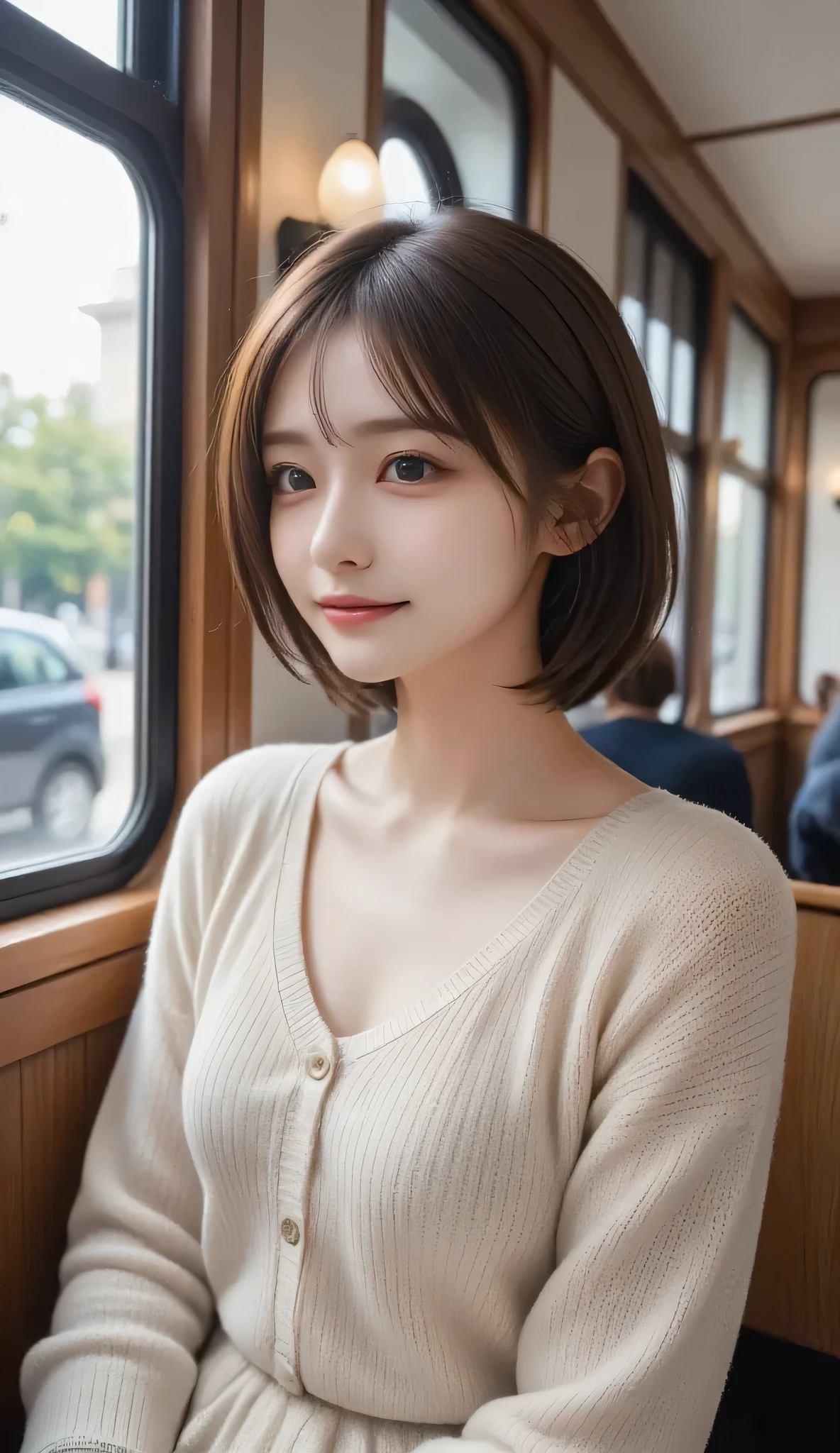 (Early Fall Dating), ((pastel cardigan)), ((Fine Summer Dress Lace and Ruffles)),
looking at viewer, Japanese female university student, (one woman:1.2), she's so beautiful, Radiant Skin, with a perfect face, Cute and symmetrical face, Beautiful skin,
light brown hair, medium hair, Wave Hair, Her hair is tied up, makeup,
Beautiful hair, Beautiful Face, attention to beautiful details, beautiful body, beautiful breasts, Beautiful thighs, Beautiful legs, beautiful fingers ,
( large stitch openwork knit ), Beautiful view of the park from the window, inside a streetcar, arms, (Cute Smile), (8k, raw photo, top quality, masterpiece:1.2), (Realistic, photorealistic:1.4), Super Detailed, Shallow Depth of Field, Perfect Anatomy, perfect limbs, Perfect hand, perfect eyes, Perfect Body, Smile, double eyelid, (Natural Side Lighting, Cinema Lighting),