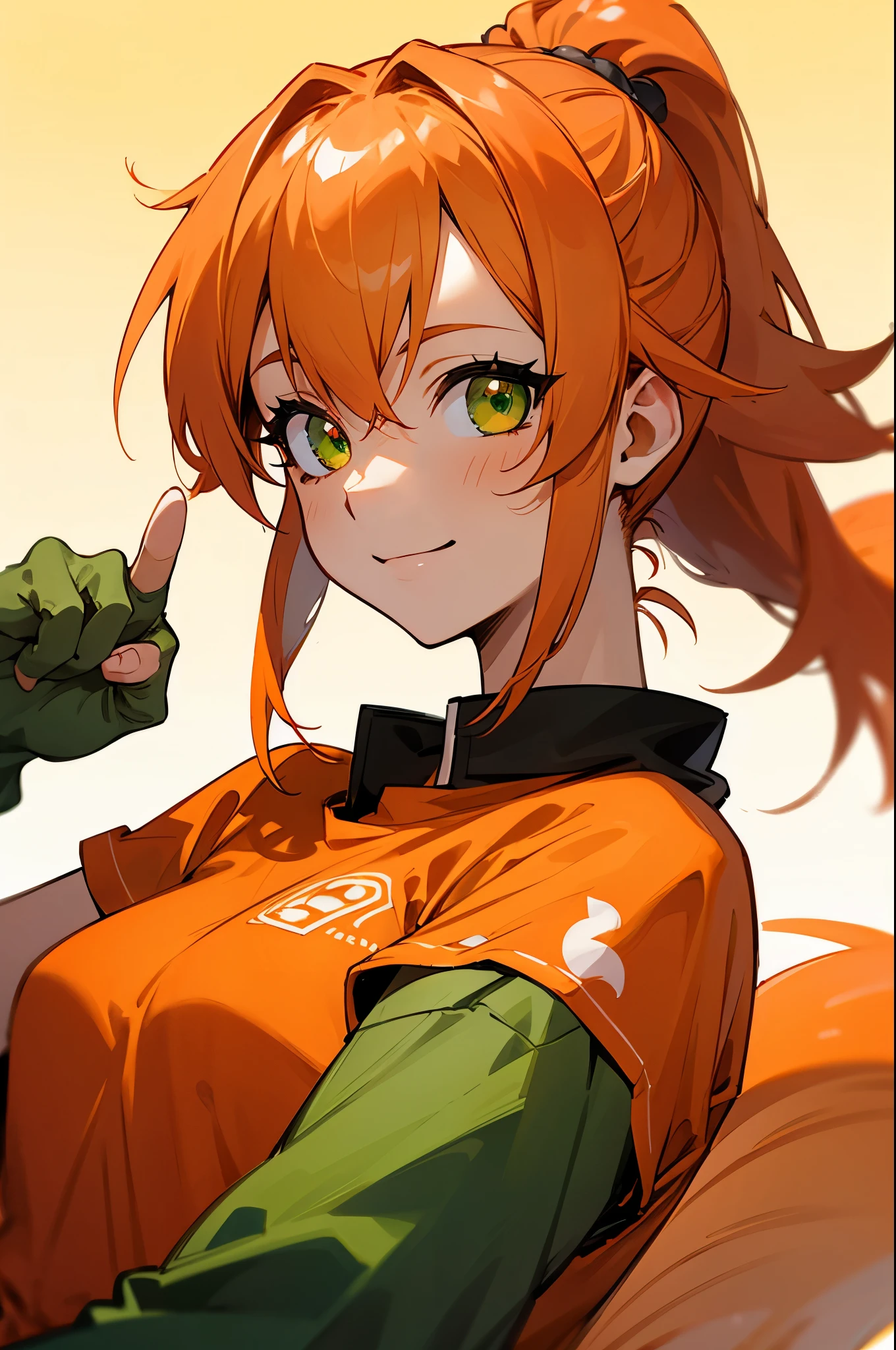 Ebi no Monster Musume、orange clothes、orange hair、ponytail、beautiful green eyes、Smiling、From the side、Shrimp mascot、upper body close-up