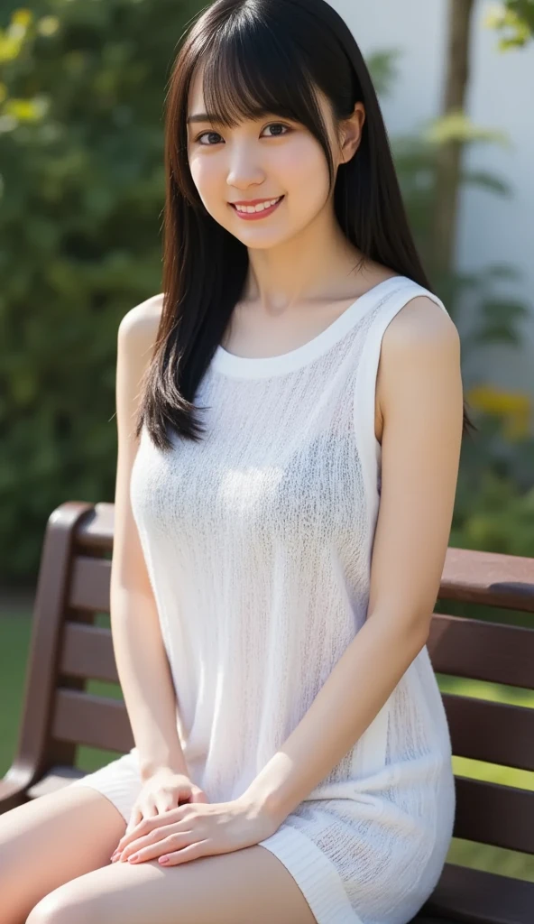 Highest quality, 1 beautiful woman, 28 years old,  Large breast bulges, s, 35mm lens, F/1, Cowboy shot, Specific Background、(A girl in the forest),Full body、Oval face,Phoenix Eyes，Eyebrow， Perm、sweat　((light gray shirt)), sleeveless,(a charming smile:1.2), 