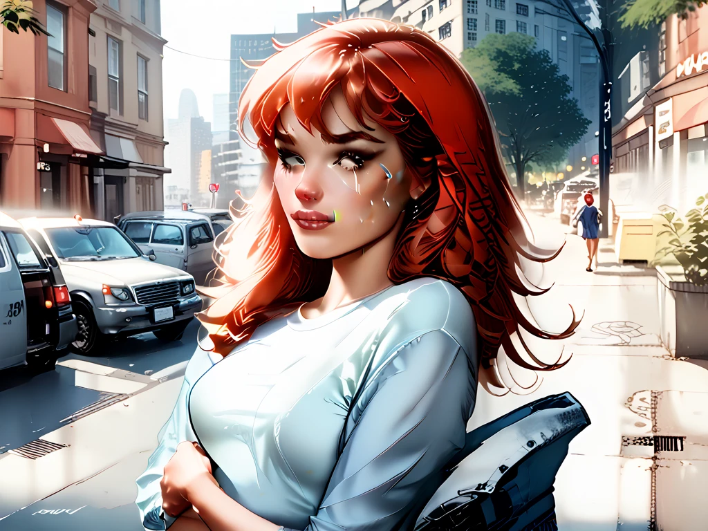 a close up picture of a woman's face looking towards the sky, as she looks up the rain drops fall on her face, a very beautiful woman, long hair, red hair, wavy hair, wet hair, closed eyes, she wears an elegant, intricate dress, there is a sense of joy on her face, an urban street at night. cloudy night,