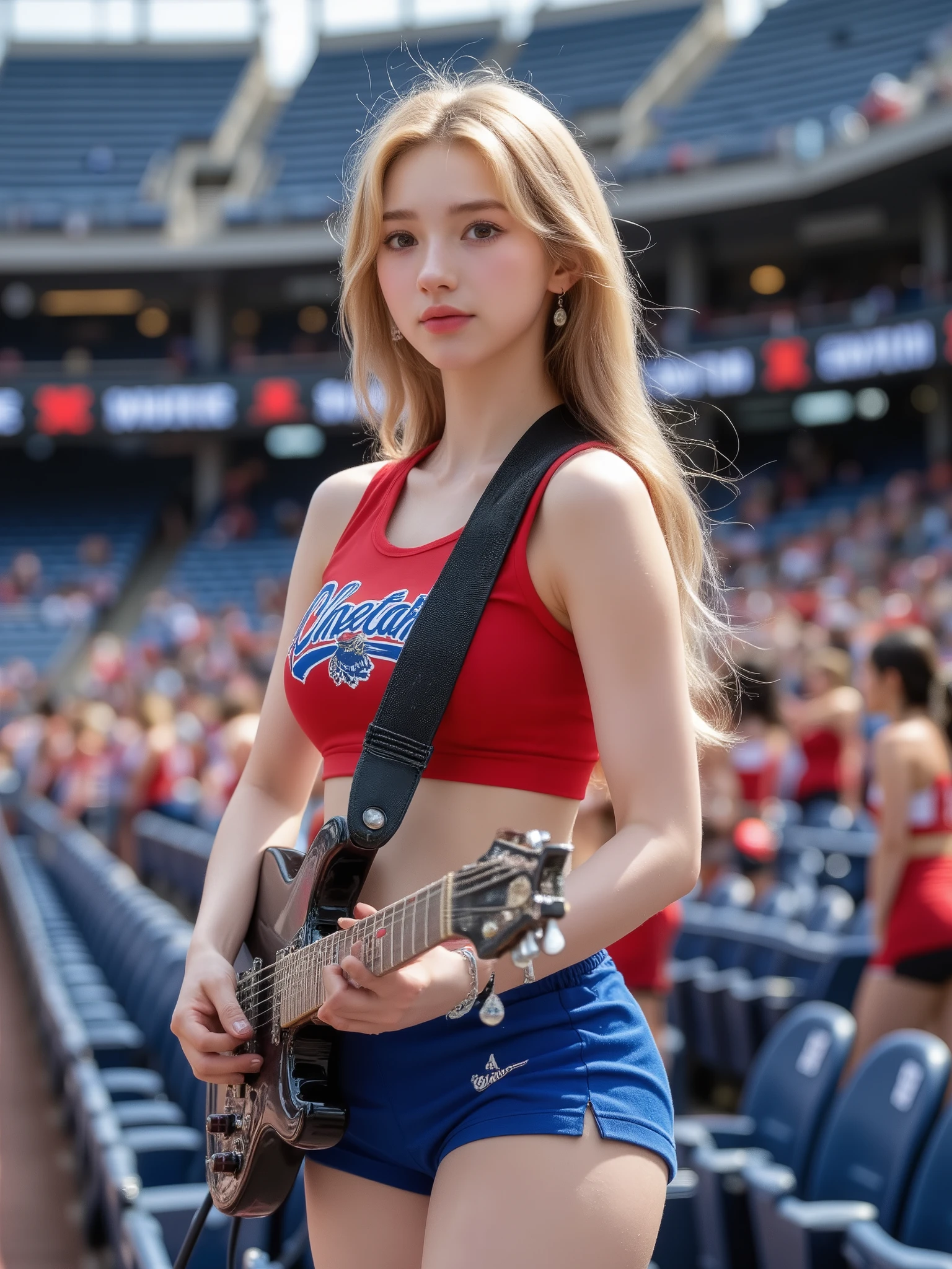 A young cheerleader with bright skin and blond hair is wearing a red and white tight-fitting crop top with a 'cheetahs' logo and tight blue shorts. Her body is voluminous but very slim. She is playing an electric guitar while looking straight ahead from the center of the stands at a lively baseball stadium. The background shows stadium seats and a lively sports atmosphere with a cheering crowd in red and white costumes. Radiant and vibrant colors, High definition, Natural lighting.